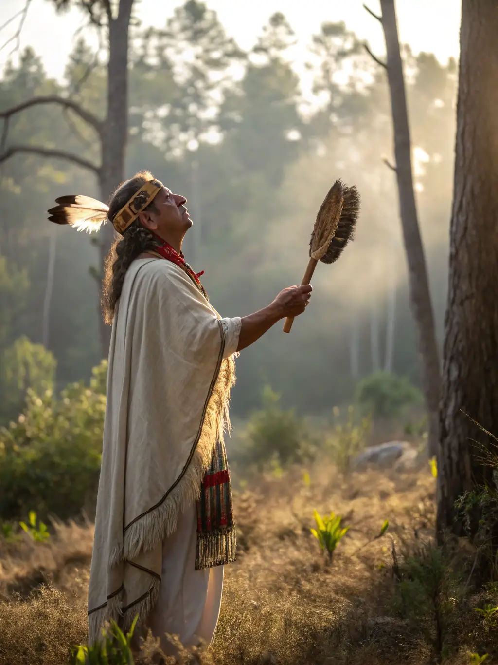 A symbolic image of a Kambo Ceremony, featuring a person in a natural setting, surrounded by plants and earth tones, with small dots on their skin, representing detoxification and clarity.