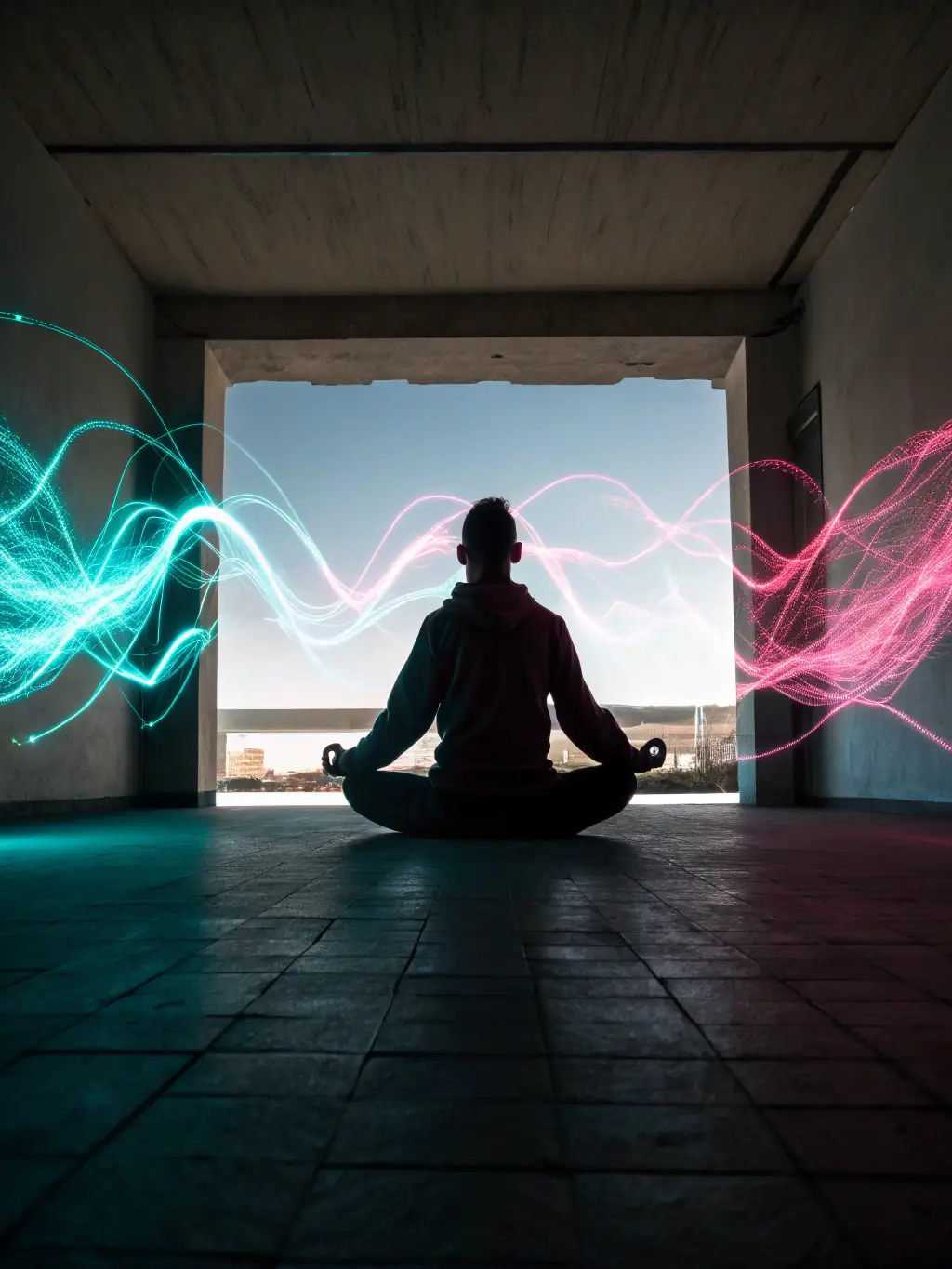 A calming visual representing Decoupling, showing a person in a relaxed state, possibly meditating, with subtle waves of energy emanating from them, signifying the release of trauma.